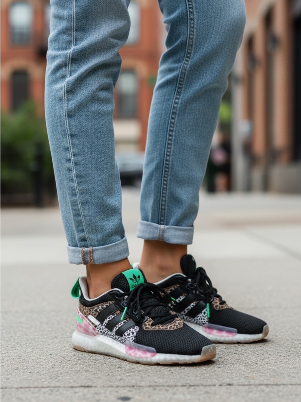 adidas Black Sneakers with Green and Pink Accents